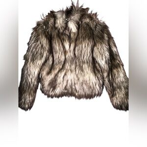 Fashion Nova Womens Jacket Faux Fur Brown Beige Pockets Hook Eye